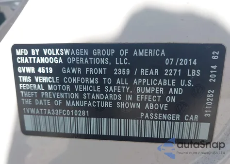 2015 Volkswagen Passat 1.8T S from USA, damaged, VIN 1VWAT7A33FC010281